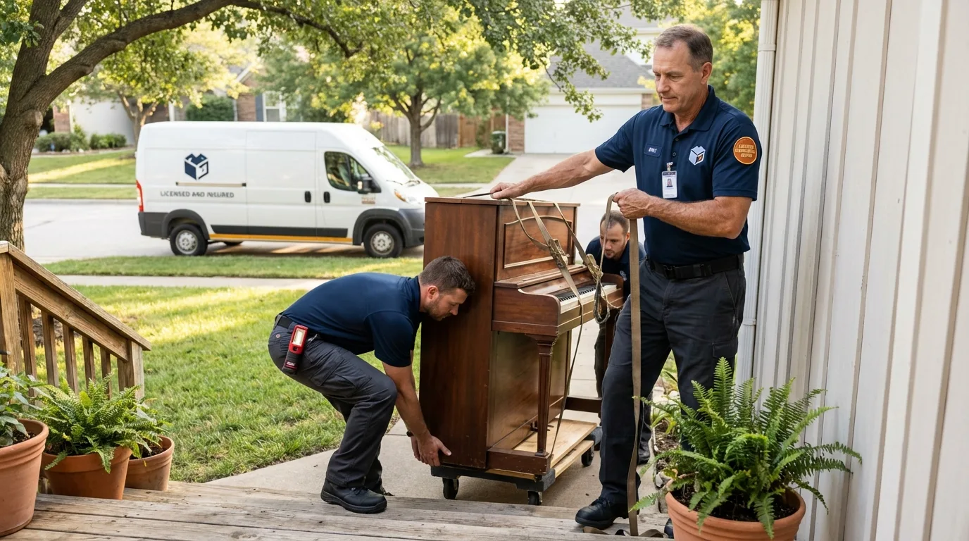 Licensed piano movers securing grand piano in Rich Hill, MO