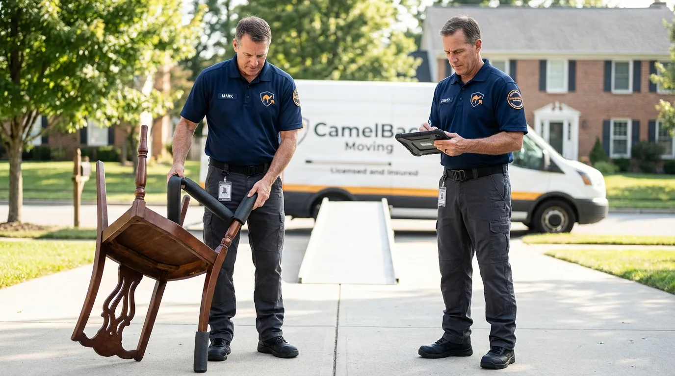 Movers inspecting furniture for damage prevention before loading in Rich Hill, MO