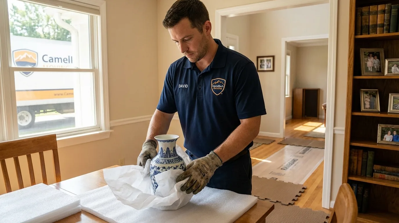 Professional crew carefully wrapping antique vase for senior downsizing move in Rich Hill, MO